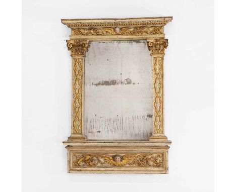 A painted and parcel-gilt wall mirror, late 18th/early 19th century, Italian, the frieze centred with a winged cherub's head 