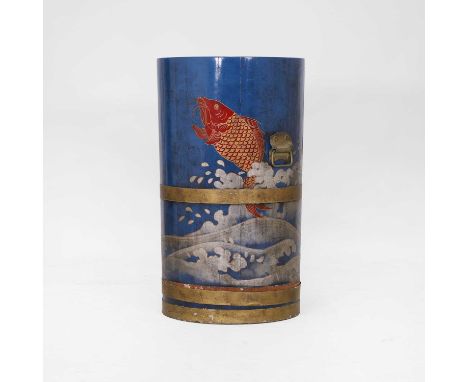 A painted jardinière, 20th century, in the Japanese style, of coopered form decorated with carp, with a brass handle to eithe