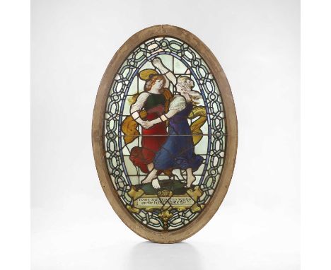 A Pre-Raphaelite oval stained-glass window panel, c.1900, depicting two dancing female figures and inscribed beneath 'Come an