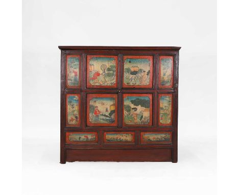 A painted wooden cupboard, of recent manufacture, in the Chinese style, the panelled front decorated with figures within land