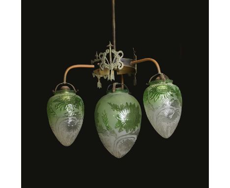 A brass hanging gas light, mid-19th century, French, fitted with four green and clear moulded glass shades, the light with pr