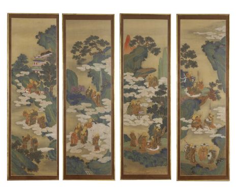 A set of four painted panels,  late 19th/early 20th century, Chinese, each depicting luohan at various pursuits in a rocky la