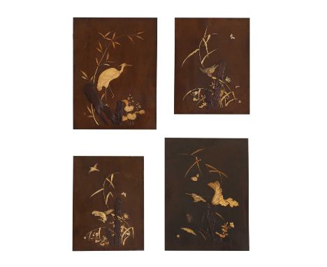A group of four lacquered and ivory inlaid screen panels,  late 19th century, Japanese, each depicting birds and insects amon
