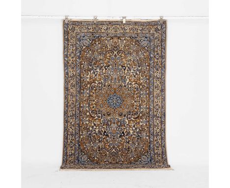 A Keshan wool rug, of recent manufacture, Persian, the central field with scrolling foliage and a medallion, on an olive-gree