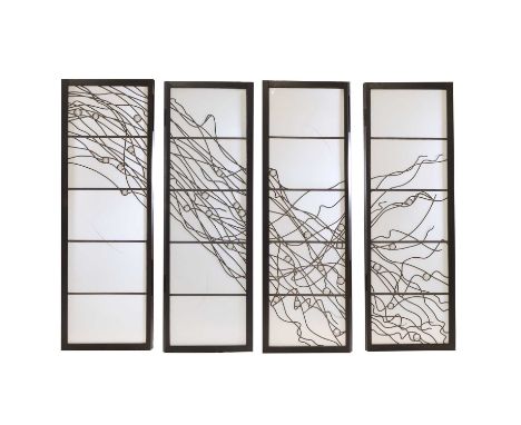 ▲ Chinks Vere Grylls (b.1949) Four-fold smoke glass screen, 1979framed in ebonised mahogany with interlocking fixed hingingea