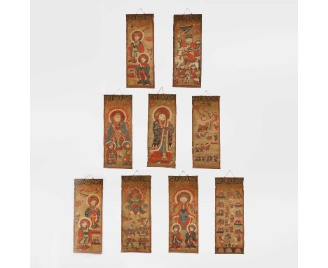 A group of nine Daoist ceremonial scrolls, late 19th/early 20th century, Chinese, one example depicting the ten god tribunals