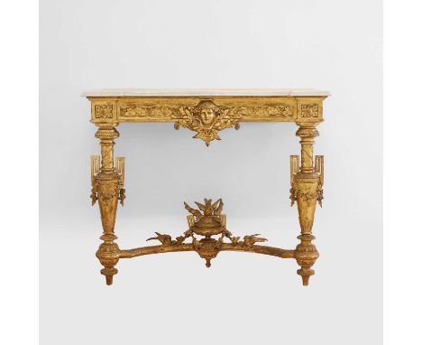 A marble and gilt console table, late19th/early 20th century, the carved and giltwood stand centred with a mask and with an i