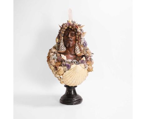 A shellwork bust of Neptune in the manner of Anthony Redmile, mid-20th century, a shell, fossil and semi-precious, uncut, sto