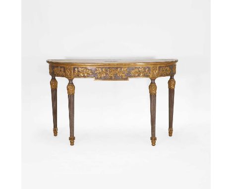A carved and painted giltwood console table, of recent manufacture, Italian, of demilune form, the top with ribbon borders, o