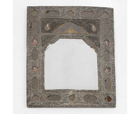 A white-metal and enamel-mounted mirror, 19th century, Persian, Qajar, the mirror plate surrounded by lobed calligraphic cart