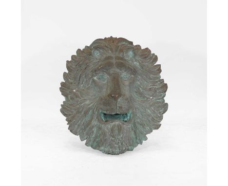 A large lion mask wall mount, 20th century, fibreglass with a weathered copper finish,80cm wide90cm highCondition Reportovera