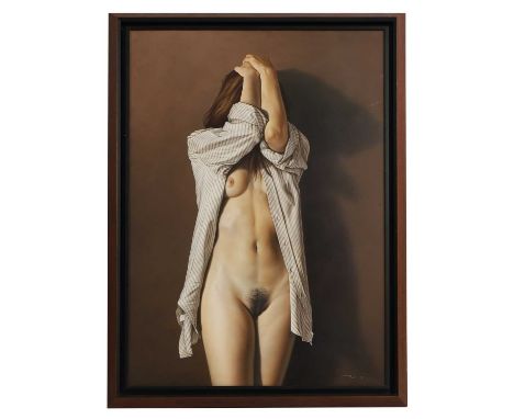 ▲ Lluis Rizzo Rey (Spanish, b.1959) Female nude in a stripy shirtsigned 'Rizzo Rey' l.r., mixed media on board123 x 83cmCondi