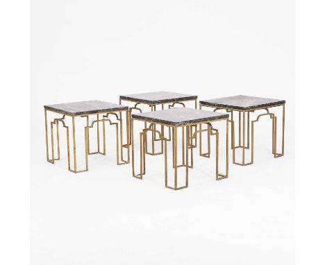 A set of four Art Deco-style side tables, mid-20th century, each with a square green marble top, raised on a tubular gilt-met