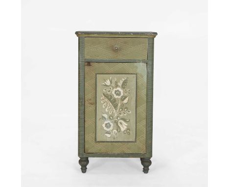 A painted pot cupboard in the manner of Duncan Grant, late 19th century and later, having a single drawer over a panelled cup