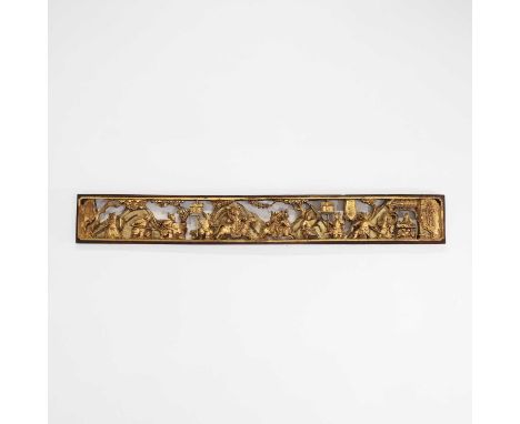 A pierced and carved giltwood panel or furniture element, 20th century, Chinese, with figures processing in a landscape, carv