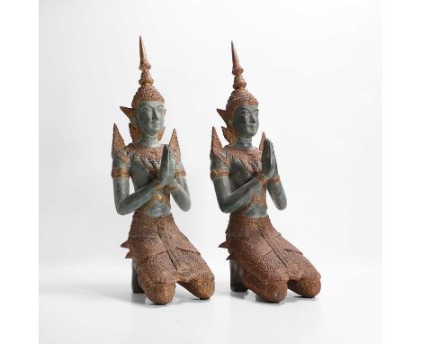 A pair of patinated bronze 'Teppanom' angel kneeling figures, 20th century, Thai, each highlighted in gilt throughout,14cm wi