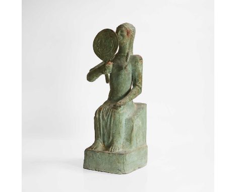 An archaic Greek-style bronze, of recent manufacture, modelled as a seated female figure holding a mirror,14cm wide16cm deep4