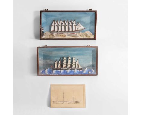 Two cased ship dioramas, depicting the 'Great Eastern' and one other, modelled on rocky waters with painted decoration,48.5cm