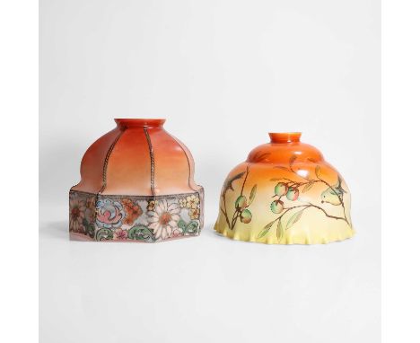 A white and painted-glass oil lamp shade, 20th century, with a crimped edge and decorated with finches,23cm diameter17cm high