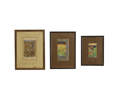 Three painted miniatures, early 20th century, Indian, comprising one of four figures in a landscape, together with two huntin