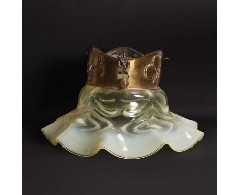 A brass hanging light in the manner of WAS Benson, c.1880, the pierced mount embossed with cherries, supporting a large vasel