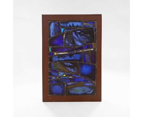 An abstract stained-glass and leaded panel in the manner of John Piper and Patrick Reyntiens, mid-20th century, predominantly