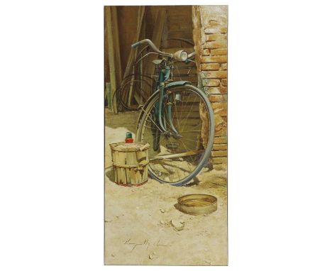 ▲ Luis Almazan Miquel (Spanish, b.1943) 'Bike, Wall and Water Carrier'signed l.l., also signed and inscribed in Spanish verso