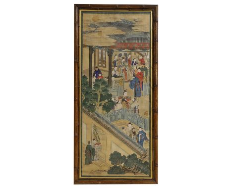A painted panel, Qing dynasty (1644-1911), Chinese, depicting the emperor and courtiers beneath a cloudy sky, with further mu