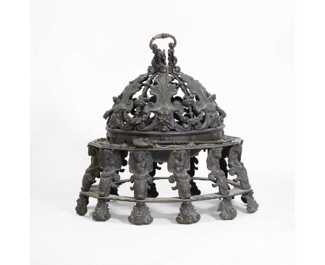 A large Renaissance-style bronze brazier, 19th century, the pierced acanthus-cast domed cover, over a dodecahedronal base wit