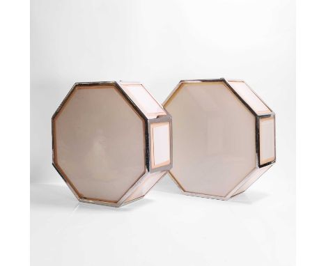 A pair of Art Deco octagonal ceiling lights, 20th century, each set with pink-bordered white panels,40cm wide40cm deep15cm hi