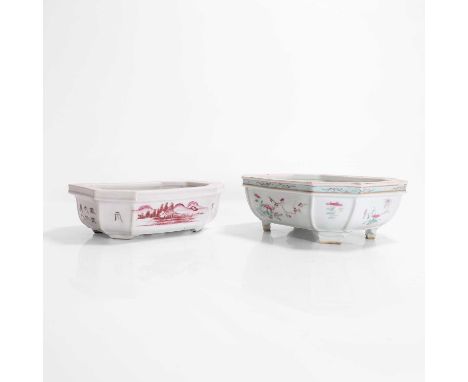 A famille rose planter, Guangxu (1875-1908), Chinese, of octagonal form on four bracket feet, painted with birds and flowers,
