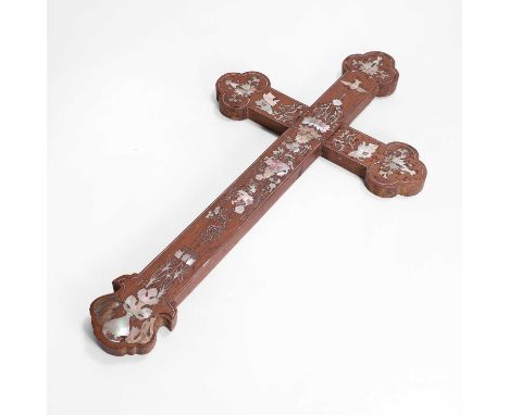 An engraved hardwood mother-of-pearl inlaid crucifix, late 19th century, Chinese, possibly Macao or Tonkin, 24.5cm wide44.5cm