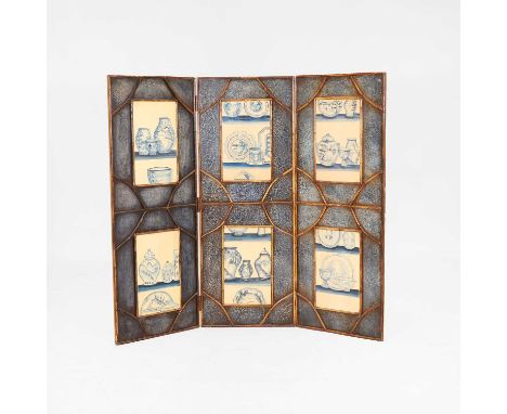A three-fold fire screen, 20th century, the faux bamboo-framed panels, set with painted reserves, each decorated with blue an