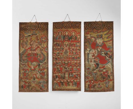 A group of three large Daoist ceremonial scrolls, late Ming dynasty, Chinese, depicting Tai Wei the high constable, Heng Fei,