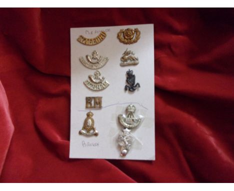 British Army Cap, Collar and Shoulder Title Badges (10) including: Staffordshire, Durham, Royal Marine, Berkshire, Durham Lig