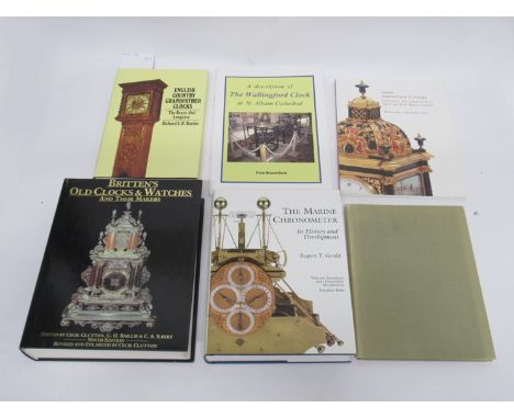 Six assorted horological books including BARDER: English Country Grandfather Clocks.  GOULD: The Marine Chronometer, 1978, et