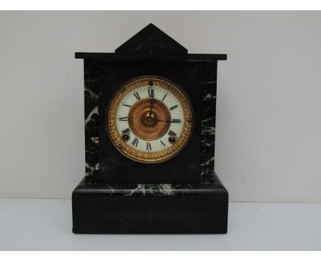 A 19th Century slate mantel clock with American twin train spring driven movement, 31cm high