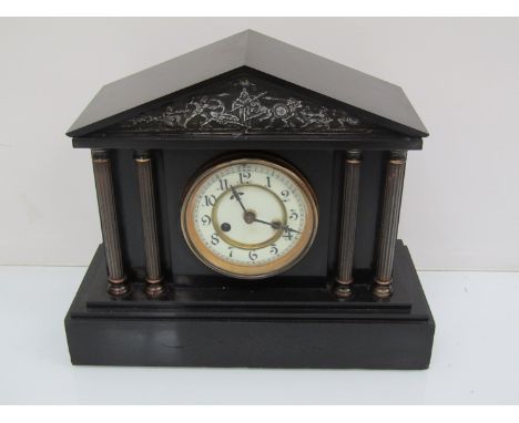 A Victorian slate mantel clock of architectural form, striking American 8 day movement, 29cm high