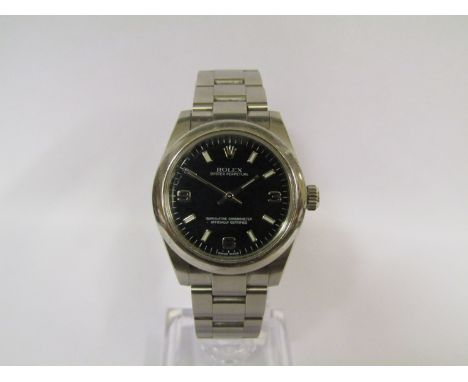 ROLEX: A Lady Oyster Perpetual stainless steel bracelet watch with "Explorer" dial, the Oyster steel bracelet with Rolex fold