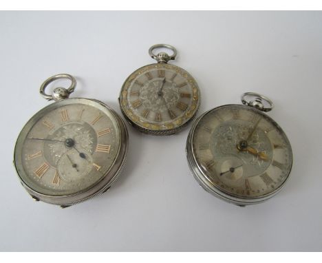 Three 19th Century silver open faced pocket watches with engine turned silvered dials