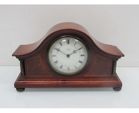 An Edwardian mahogany and inlaid desk timepiece of architectural form, Roman enamelled dial signed Sorley, Glasgow, Swiss dru