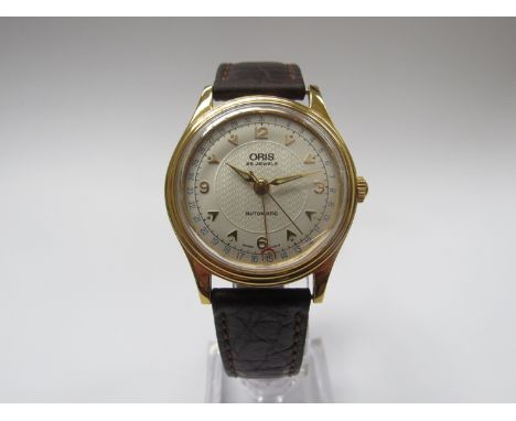 ORIS: a 7470 Pointer Date steel and gold plated gent's automatic wristwatch, silvered dial with engine turning, centre second