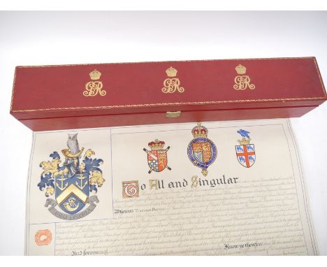 HM King George V Grant of Arms illuminated vellum scroll, assigning Thomas Burton arms "azure a chevron between in chief two 