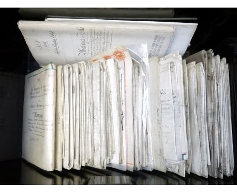 A solicitors vintage metal trunk containing 50+ 19th &amp; early 20th Century vellum leases, conveyances etc, mainly London, 