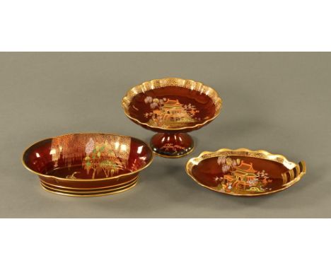 Three pieces of Carltonware Rouge Royale, comprising comport and two bowls.  Largest length 28 cm.
