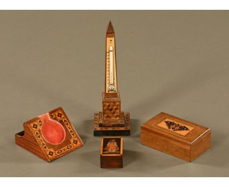 A Tunbridge ware thermometer stand, with mercury thermometer.  Height 19 cm, together with a pocket watch stand, a butterfly 