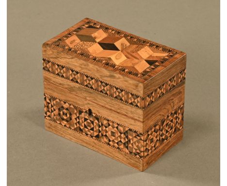 A Tunbridge ware rectangular casket, with two glass flasks.  Height 10.5 cm, width 13 cm, depth 7.5 cm (see illustration). CO