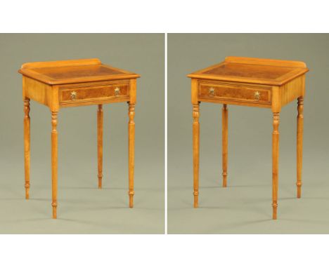 A pair of good quality craftsman made side tables, with burr walnut veneers to the drawer fronts and with brass drop handles 