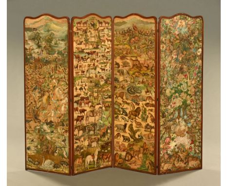 A Victorian decoupage four fold screen, decorated with animals, birds and landscapes.  Height 147 cm, each panel width 48.5 c