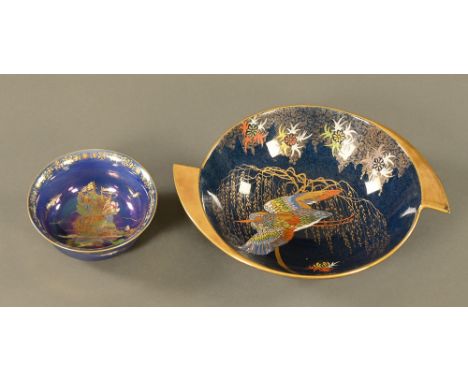 A Carltonware Kingfisher patterned bowl, width 27 cm, together with a Crown Devon Lustrine bowl decorated with a ship.  Diame